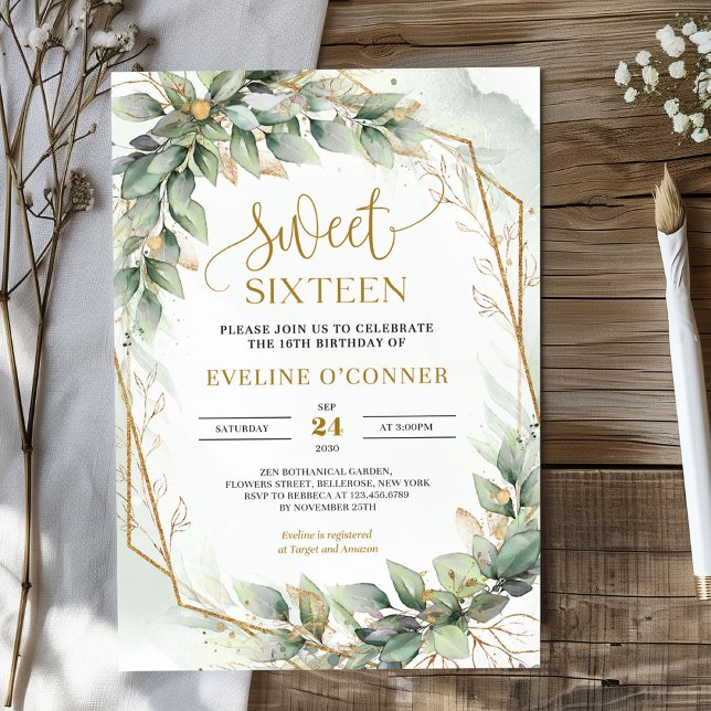 Boho vattencolor grönt eucalyptus sweet sixteen inbjudningar (Watercolor greenery and gold sweet sixteen invitation digital)
