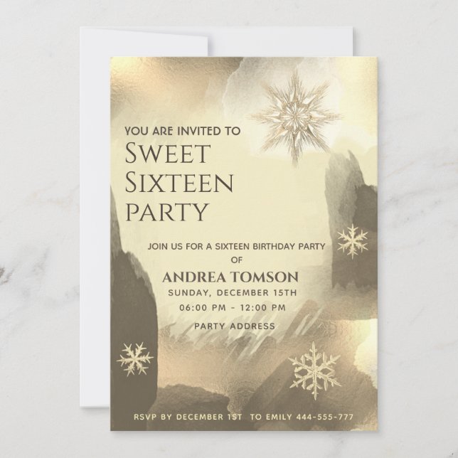 Boho vattencolor Guld snöflingor Sweet 16 party Inbjudningar (Framsida)