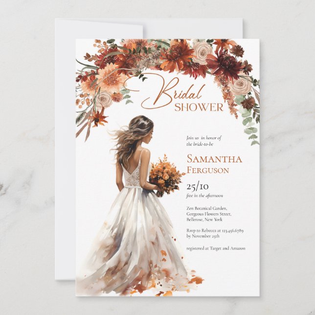 Boho vattencolor teracotta bouquet bröllop gown inbjudningar (Framsida)
