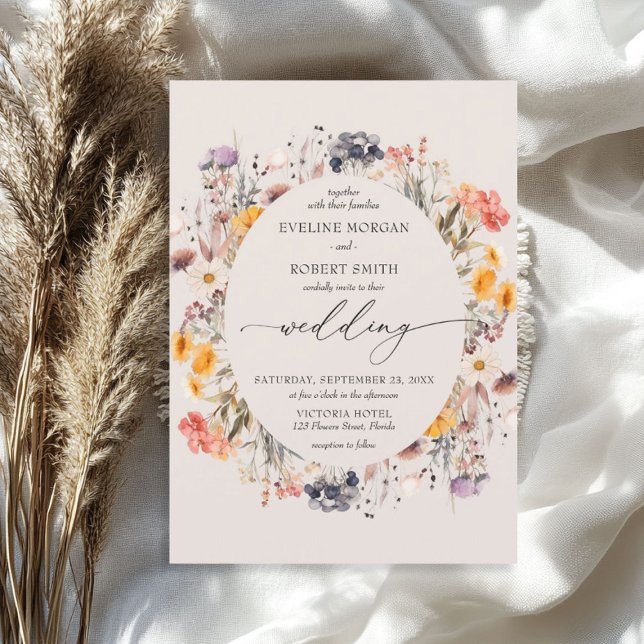 Boho vattencolor wildblommor wandeearthy inbjudningar (Boho watercolor wildflowers wreath earthy invitation)