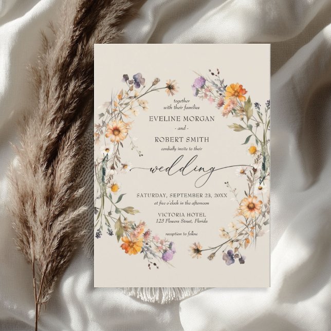 Boho vattencolor wildblommor wandfall earde inbjudningar (Boho watercolor wildflowers wreath fall earthy invitation)