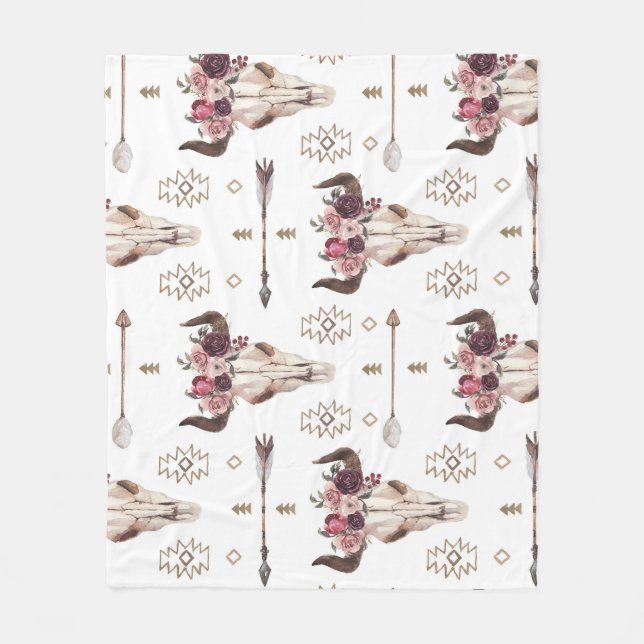 Boho vattenfärg: pilar, skalle mönster. fleecefilt (Framsidan)