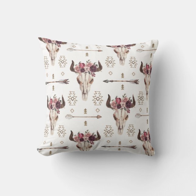 Boho vattenfärg: pilar, skalle mönster. kudde (Framsida)