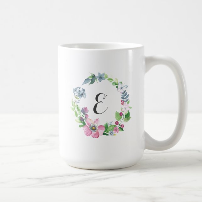 Boho vattenfärgblommigt & Monogram för fjäril | Kaffemugg (Höger)