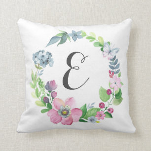 Boho vattenfärgblommigt & Monogram för fjäril Kudde