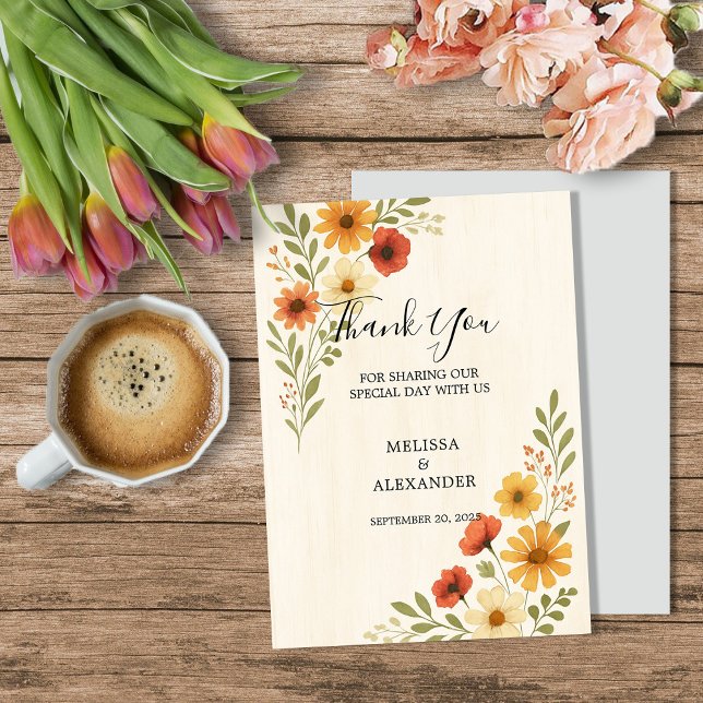 Boho vattenfärgsblommor botaniska bröllop tack kort (Boho watercolor flowers botanical wedding thank you card.)