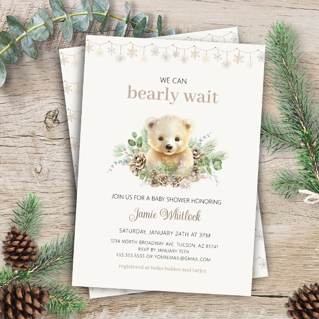 Boho vi kan bearly Wait Winter Baby Shower Inbjudningar (Elegant cream and beige gender neutral we can bearly wait christmas winter baby shower invitation)