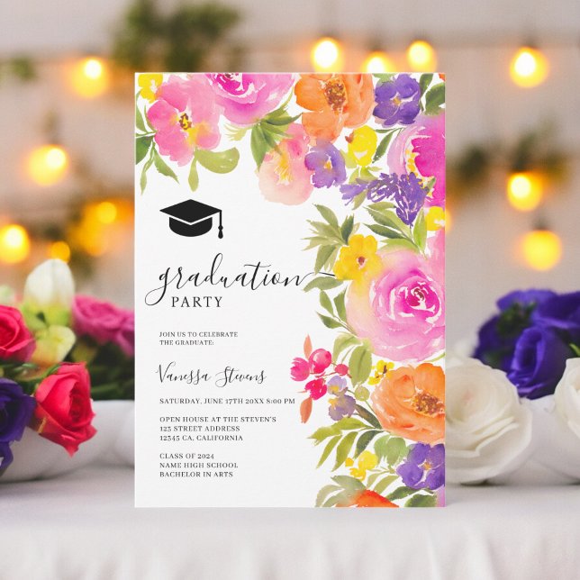 Boho-vibrerande blommor i trädgårdsträdor studente inbjudningar (Boho vibrant garden watercolor flowers graduation invitation)