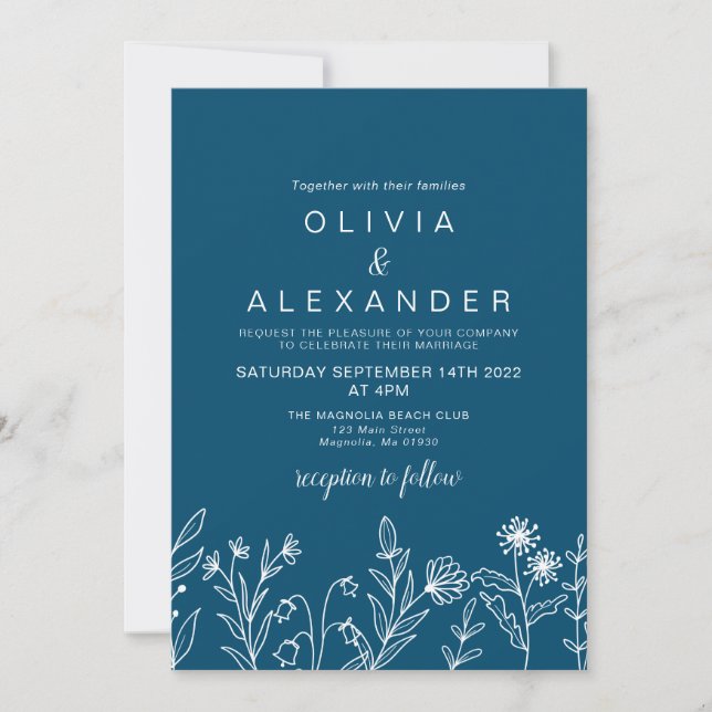 Boho vild blom blå bröllopsinbjudan inbjudningar (Framsida)