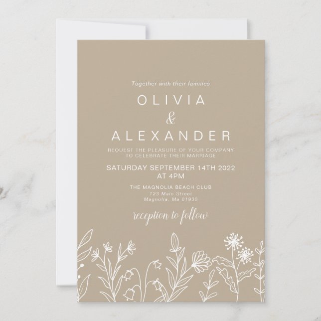 Boho vild blomjordnära tan bröllop inbjudningar (Framsida)