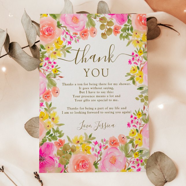Boho vild blommor rosa möhippa tack kort (Boho wild flowers garden pink bridal shower thank you card)