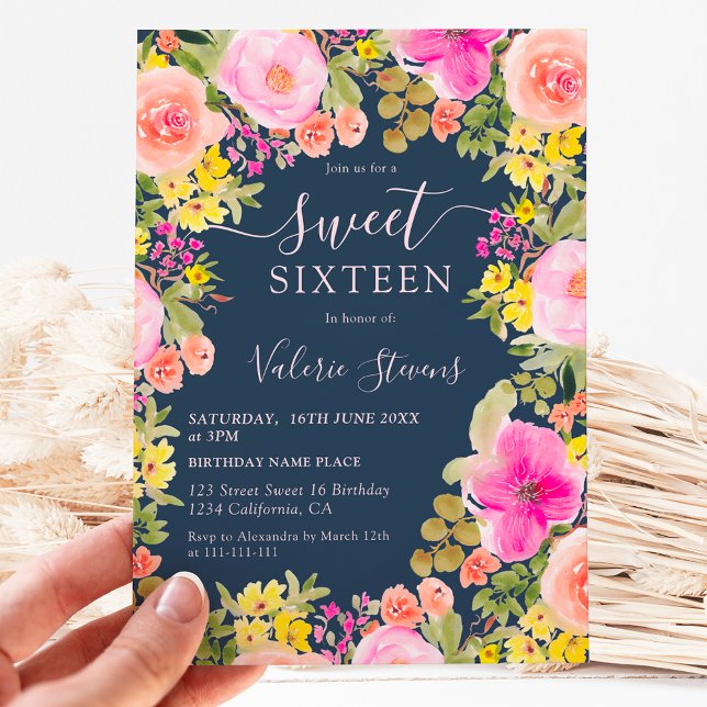 Boho vild blommor trädgårdsvattenfärg Söt 16 blått Inbjudningar (Boho wild flowers garden watercolor Sweet 16 Invitation on navy blue)