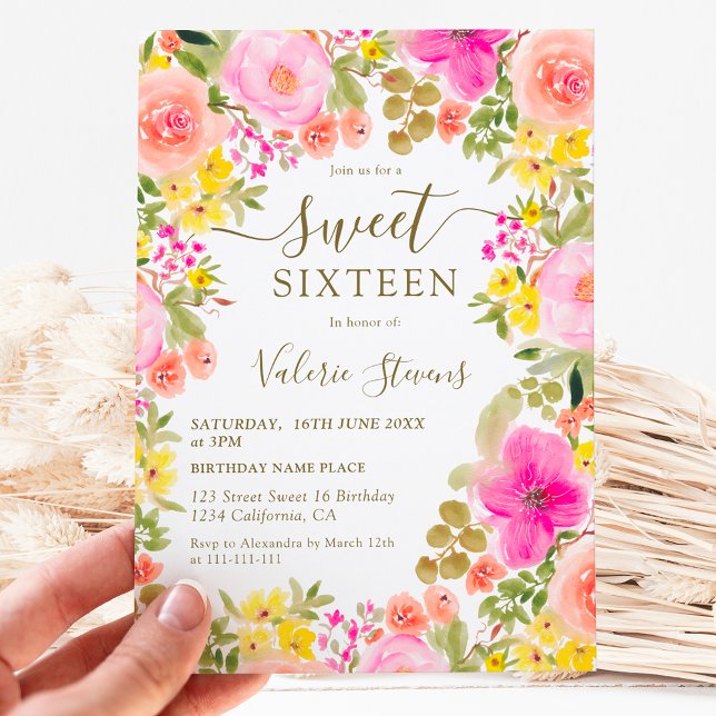Boho vild blommor trädgårdsvattenfärg Söt 16 Inbjudningar (Boho wild flowers garden watercolor Sweet 16 Invitation)