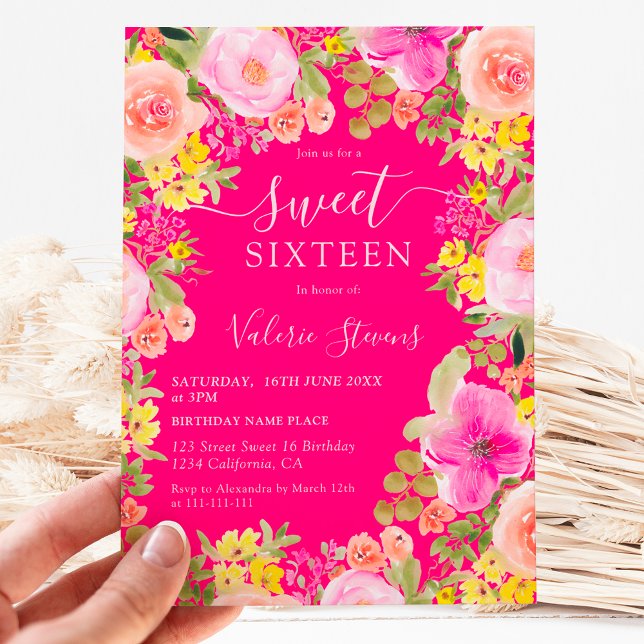 Boho vild blommor trädgårdsvattenfärg Söt 16 rosa Inbjudningar (Boho wild flowers garden watercolor Sweet 16 Invitation)
