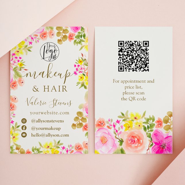 Boho-vild blommor trädgårdsvattenfärgsmakeriet visitkort (Boho wild flowers garden watercolor makeup hair business card)