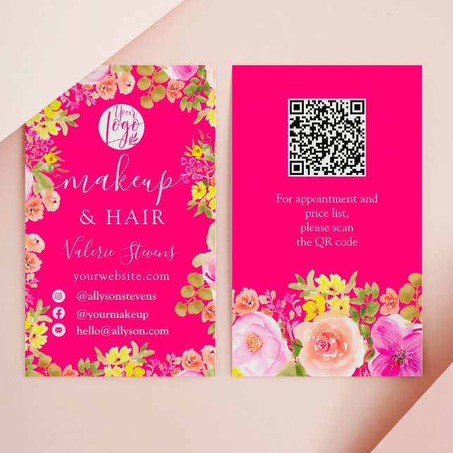 Boho-vild blommor trädgårdsvattenfärgsmakeriet visitkort (Boho wild flowers garden watercolor makeup hair business card)