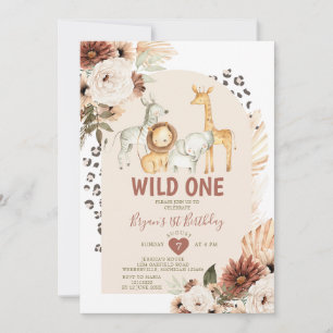 Boho Vild EN Birthday Safari Animals Pampas Grass Inbjudningar