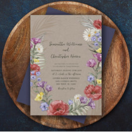 Boho Vild Flower Kraft & Lila Bröllop Inbjudningar