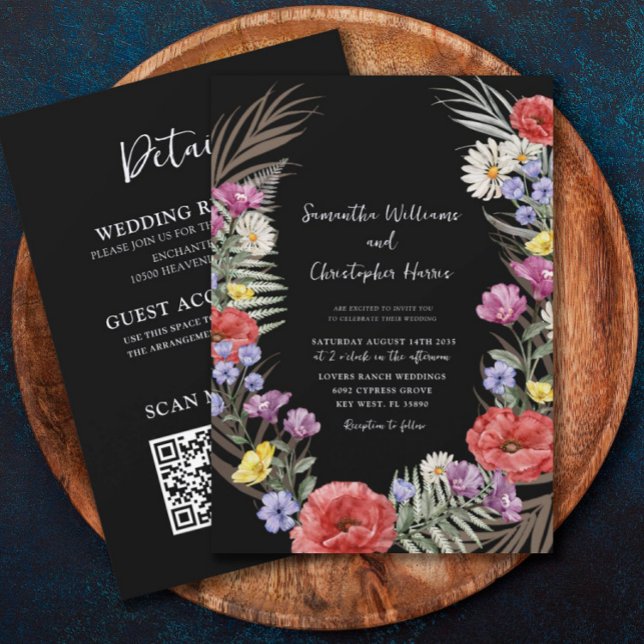 Boho Vild Flowers Black Allt på en Bröllop Inbjudningar (Skapare uppladdad)