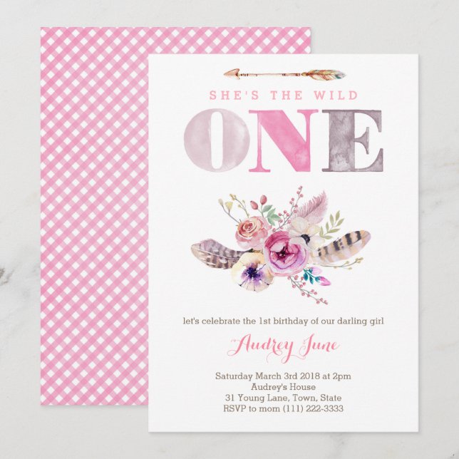 Boho Vild One First Birthday Inbjudan for Girl (Fram/baksida)