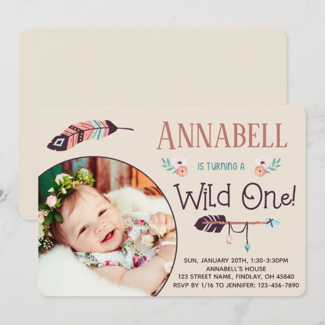 Boho Vild ONE Girly First Birthday Inbjudningar (Fram/baksida)