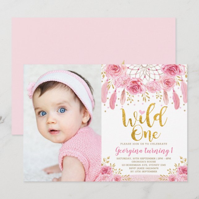 Boho Vild One Rosa ros Blommigt Dreamcatcher Inbjudningar (Fram/baksida)