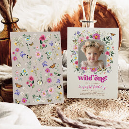Boho Vild One Wildblomma 1:a födelsedagsfoto Inbjudningar