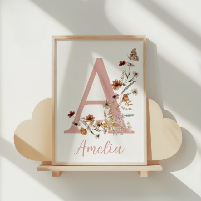 Boho Vilda Blomma Akvarell Flicka Namn Poster (Boho wildflower baby girl name monogram watercolor poster)