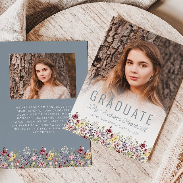 Boho Vilda Blomma Dammig Blå Foto Examen Annonseri Inbjudningar (Skapare uppladdad)