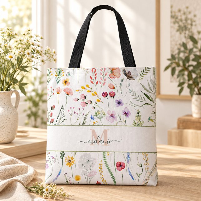 Boho vilda blommor anpassat namn monogram tygkasse (Boho Wildflowers Custom Name Monogram Tote Bag
)