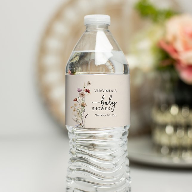 Boho Vilda Blommor Barnkalas Vattenflaskor Etikett (Boho Wildflowers Baby Shower Water Bottle Label by Painted Paperie
)