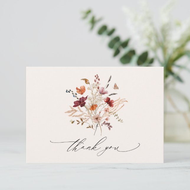 Boho vilda blommor Elegant höstbröllop Tack Kort (Stående Fram)