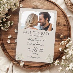 Boho vilda blommor enkel foto beige bröllop spara datumet