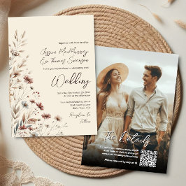 Boho Vilda Blommor & Foto Modern QR-kod Bröllop Inbjudningar