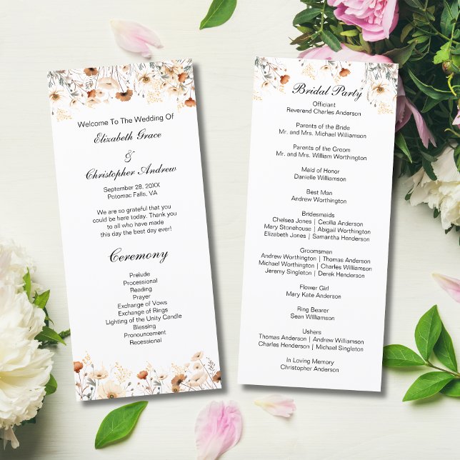 Boho vilda blommor Gul Beige Bröllopsprogram Meny (Boho Wildflowers in Yellow Cream Beige Neutral Colors Wedding Program)