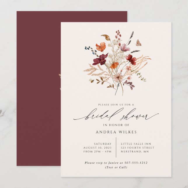 Boho Vilda Blommor Höst Bröllopsdusch Inbjudningar (Fram/baksida)