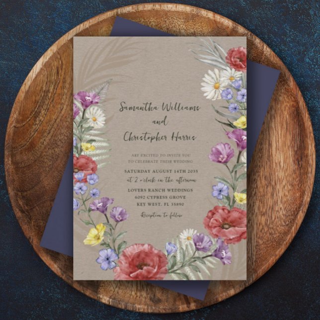 Boho Vilda Blommor Kraft & Lila Bröllop Inbjudningar (Skapare uppladdad)