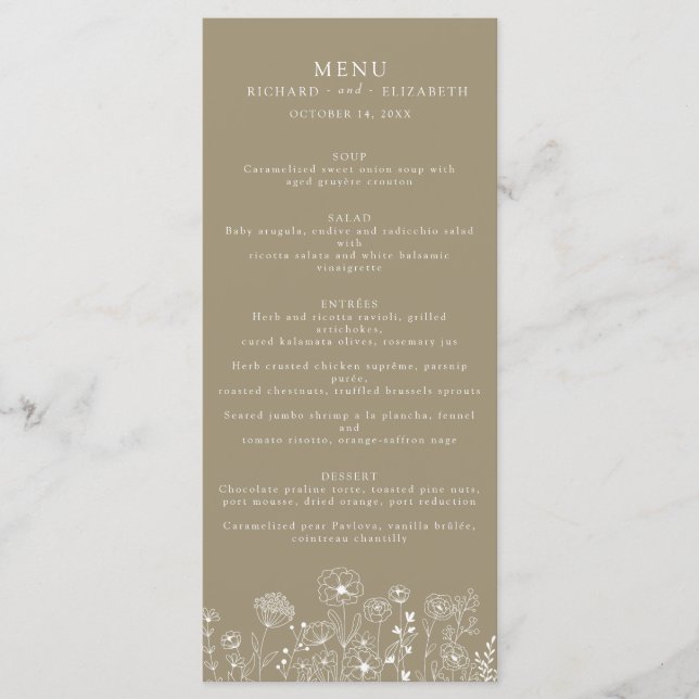 Boho Vilda Blommor Modern Akvarell Bröllop Meny (Framsida)