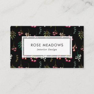 Boho Vilda Blommor Mönster Svart Visitkort