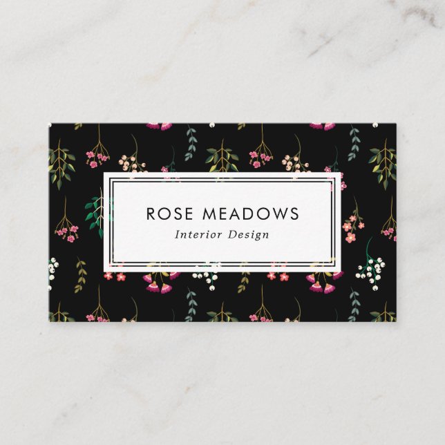 Boho Vilda Blommor Mönster Svart Visitkort (Framsida)