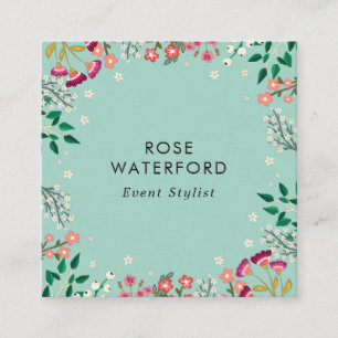 Boho vilda blommor - Robins äggblå Fyrkantigt Visitkort