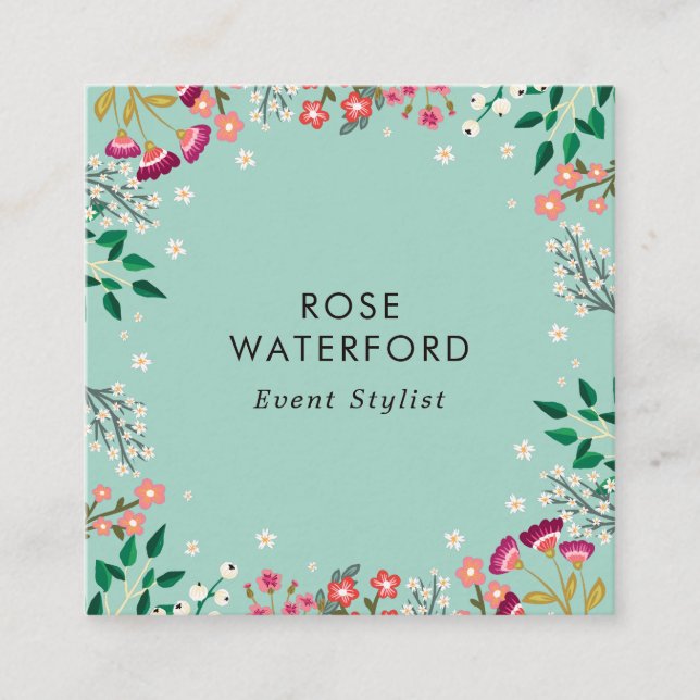 Boho vilda blommor - Robins äggblå Fyrkantigt Visitkort (Framsida)