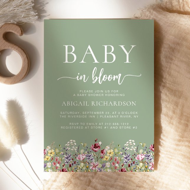 Boho vilda blommor Salvia Grön Bebis Shower Inbjudningar (Skapare uppladdad)