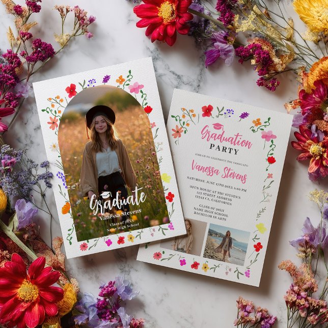 Boho vilda blommor vårträdgårdsfoton examen inbjudningar (Boho wildflowers Spring Garden photos graduation Invitation)