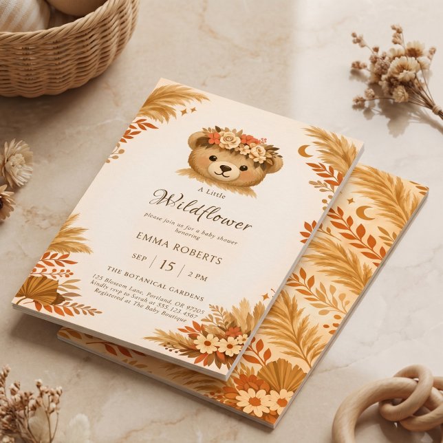 Boho Vildblomma Björn Höst Pampasgräs Inbjudningar (Boho Wildflower Bear Autumn Pampas Grass Invitation)