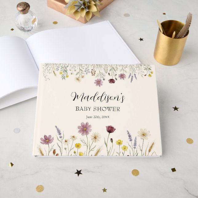 Boho Vildblomma Blommig Äng Guld Babyfirande Gästböcker (Framsida Öppen)