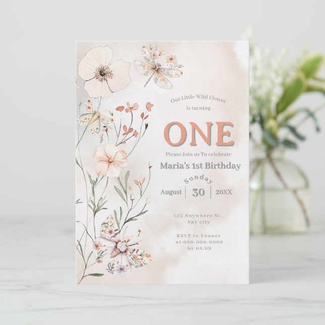 Boho Vildblomma Blommig Baby Födelsedag Inbjudningar (Stående Fram)