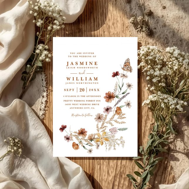 Boho vildblomma blommig fjäril QR-kod bröllop Inbjudningar (Skapare uppladdad)