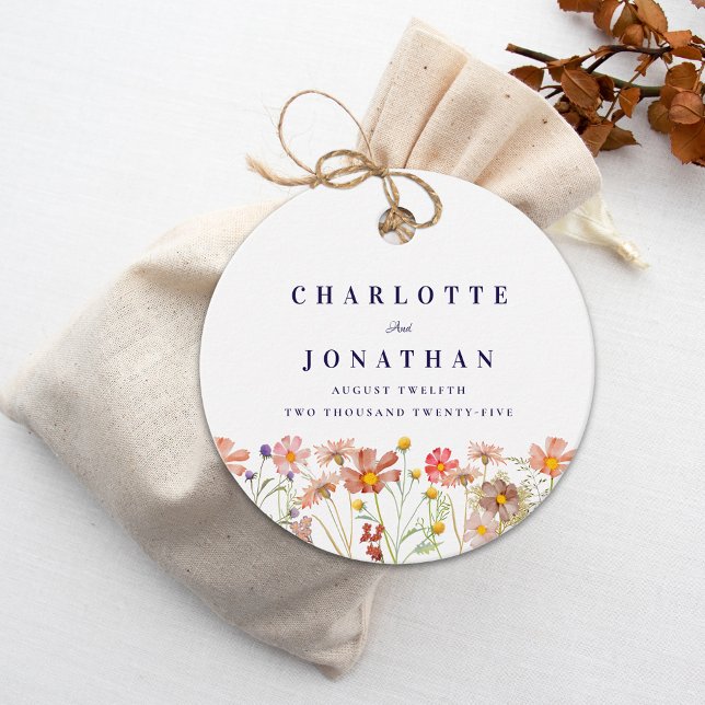 Boho Vildblomma Blommig Marinblå Bröllop Tack Kort Gåvor Etiketter (Boho fall wildflower meadow navy blue and white wedding favor tags Watercolor autumn  florals)