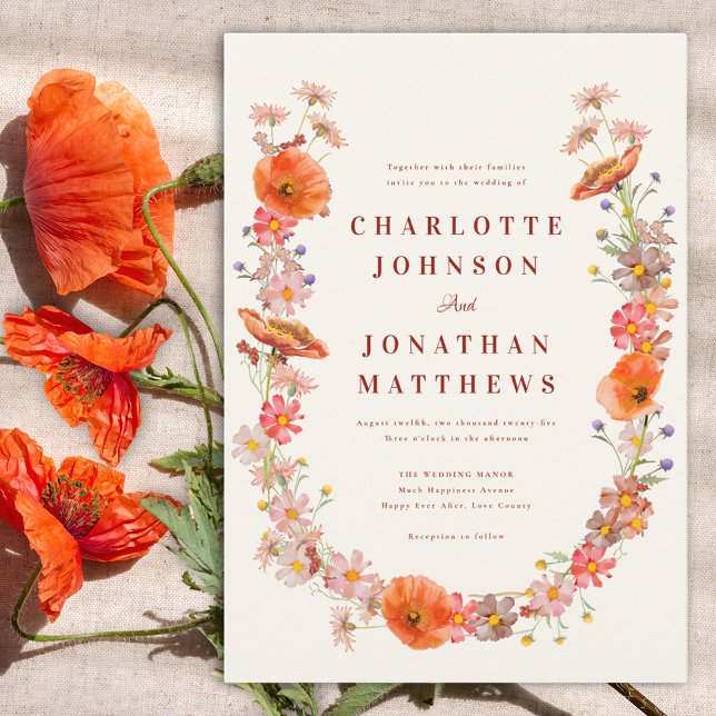 Boho Vildblomma Blommig Orange Brun Bröllop Inbjudningar (Modern wildflower watercolor wedding invitation)